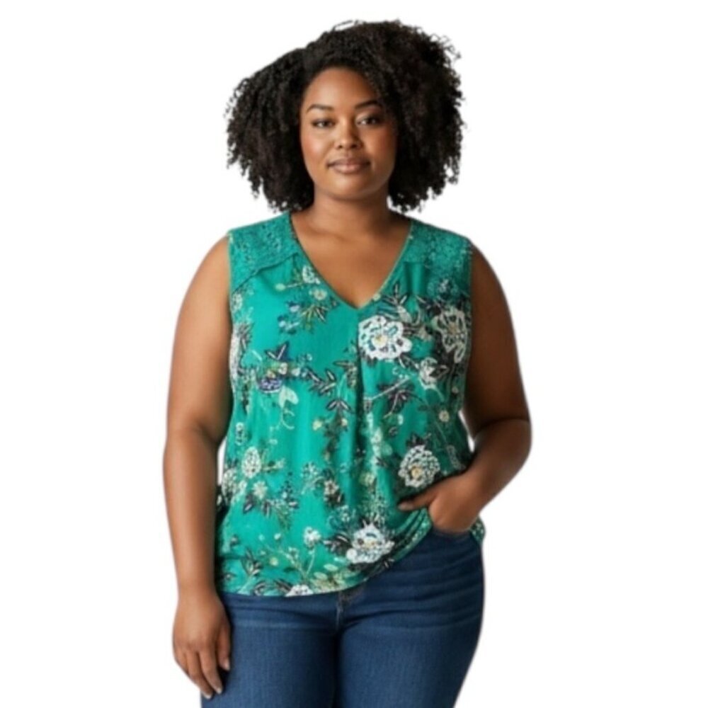 Daniel Rainn V-Neck Crochet Detail Blouse~Size 3X~Green Floral Tunic~NWT L11 22